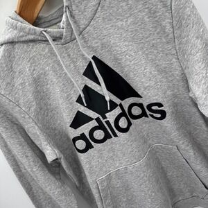 Adidas Hoodie Women M Heather Grey Black Logo Badge of Sport Pullover